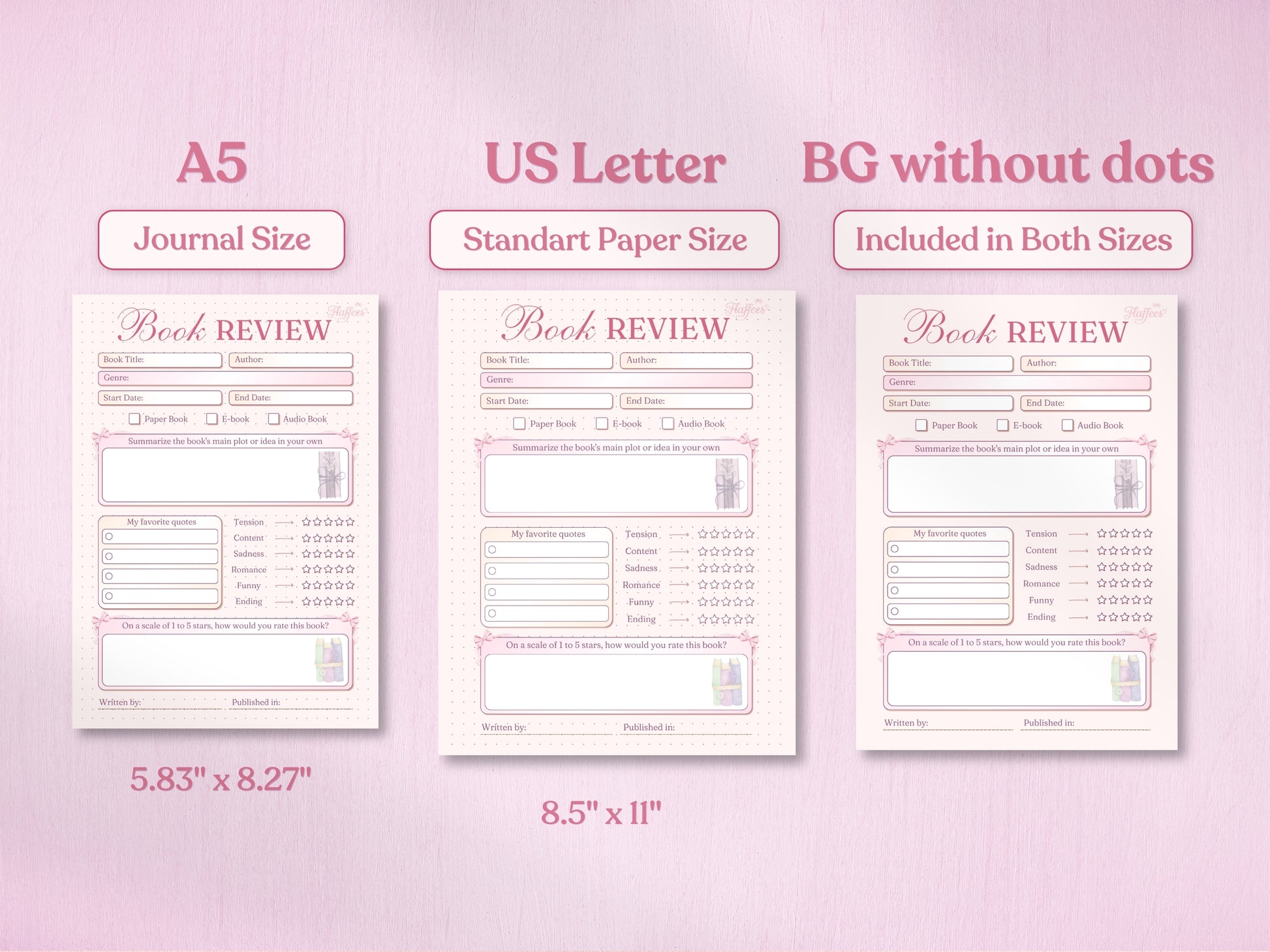 A technical preview showing the detailed book review planner in A5 and US Letter sizes, complete with measurements. Displays both the classic dotted background and the 'BG without dots' option, highlighting a clean white choice for printers. Features small pencil and ribbon art.