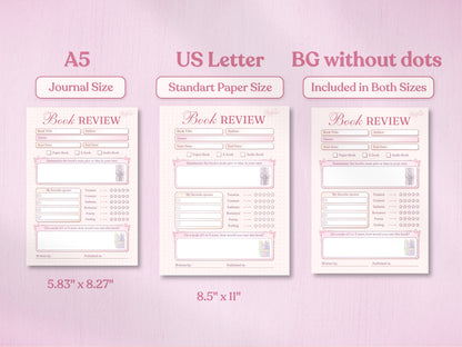 A technical preview showing the detailed book review planner in A5 and US Letter sizes, complete with measurements. Displays both the classic dotted background and the 'BG without dots' option, highlighting a clean white choice for printers. Features small pencil and ribbon art.