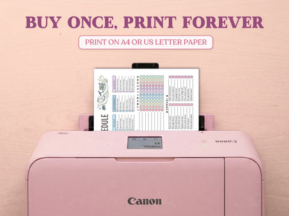 A printed page of the colorful cleaning schedule layout chart template emerging from a pastel pink Canon printer on a light wood desk setup. Prominently displays the text 'Buy Once, Print Forever' and 'Print on A4 or US Letter Paper'.
