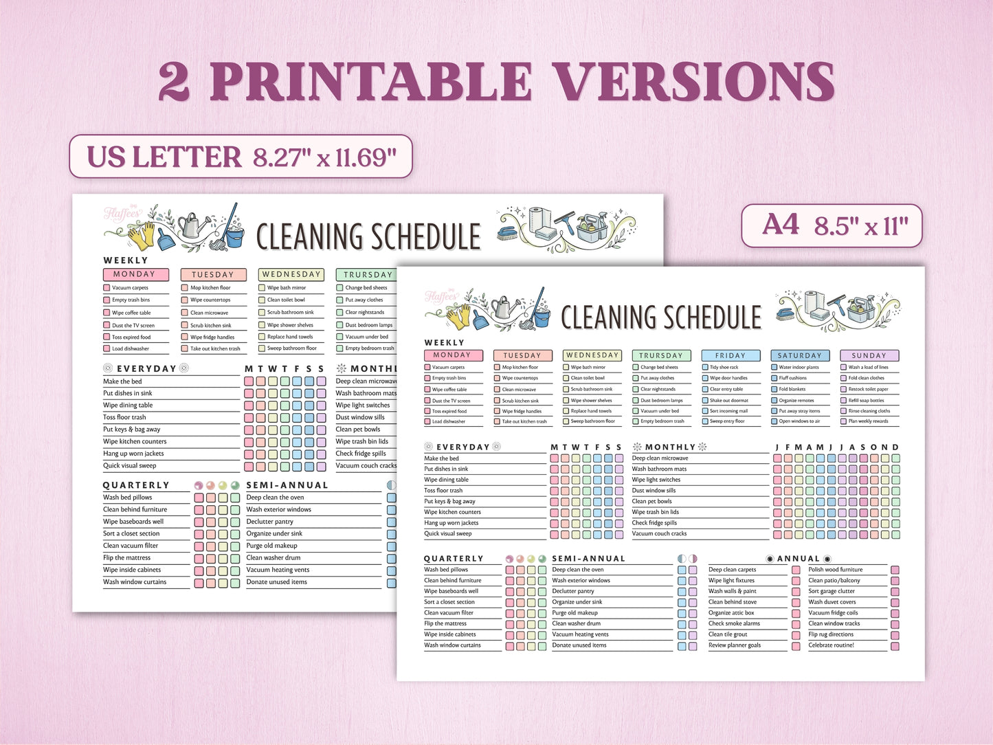 Product specification presentation demonstrating two printable versions of the cleaning schedule layout chart template showing US Letter and A4 paper options with precise dimension subtitles on a light pink background.