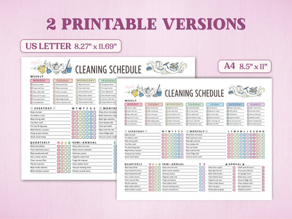 Product specification presentation demonstrating two printable versions of the cleaning schedule layout chart template showing US Letter and A4 paper options with precise dimension subtitles on a light pink background.