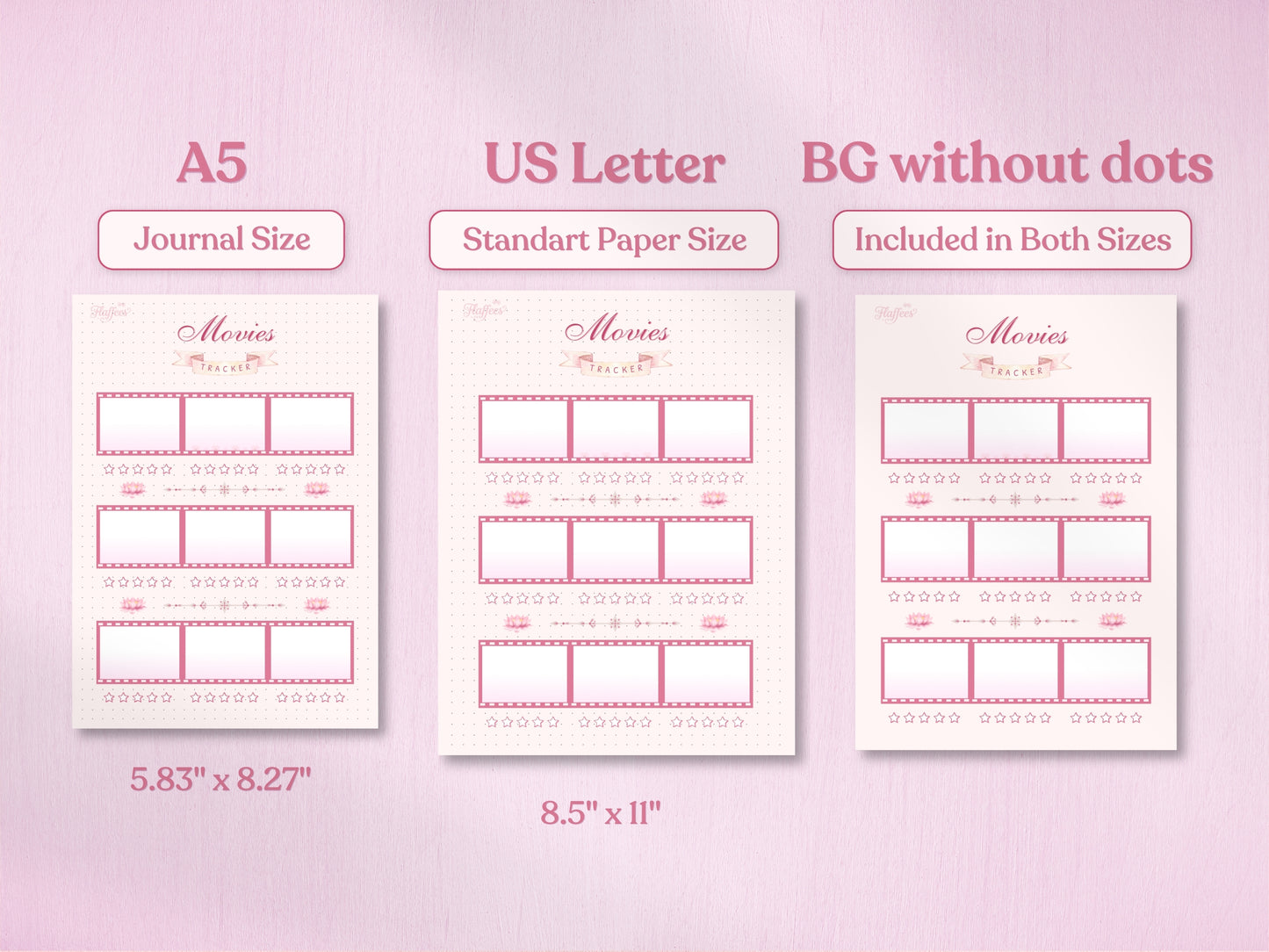 Technical preview of the movie log planner in A5 and US Letter sizes, including exact dimensions. Displays both the standard dotted version and the 'BG without dots' option for a clean white choice for printers. The design includes film strip graphics and lotus flower accents.