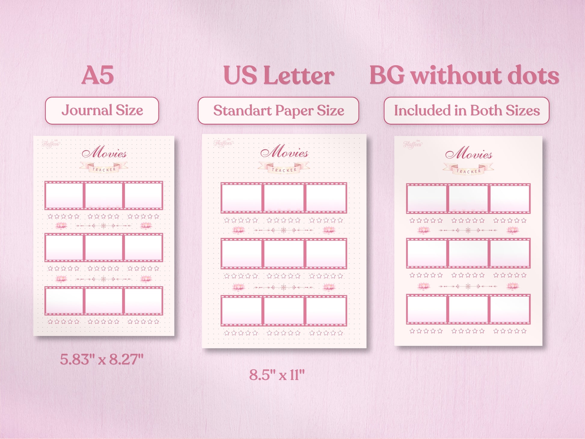 Technical preview of the movie log planner in A5 and US Letter sizes, including exact dimensions. Displays both the standard dotted version and the 'BG without dots' option for a clean white choice for printers. The design includes film strip graphics and lotus flower accents.