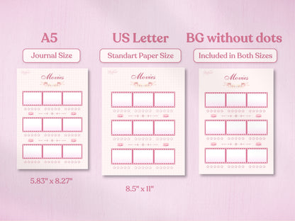 Technical preview of the movie log planner in A5 and US Letter sizes, including exact dimensions. Displays both the standard dotted version and the 'BG without dots' option for a clean white choice for printers. The design includes film strip graphics and lotus flower accents.