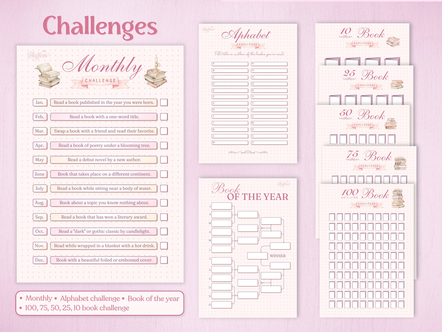 Reading challenges section including a Monthly Challenge with 12 prompts, an Alphabet challenge, a 'Book of the Year' tournament bracket, and specific goals for 10 to 100 books. Clean pink layout with stacks of books.