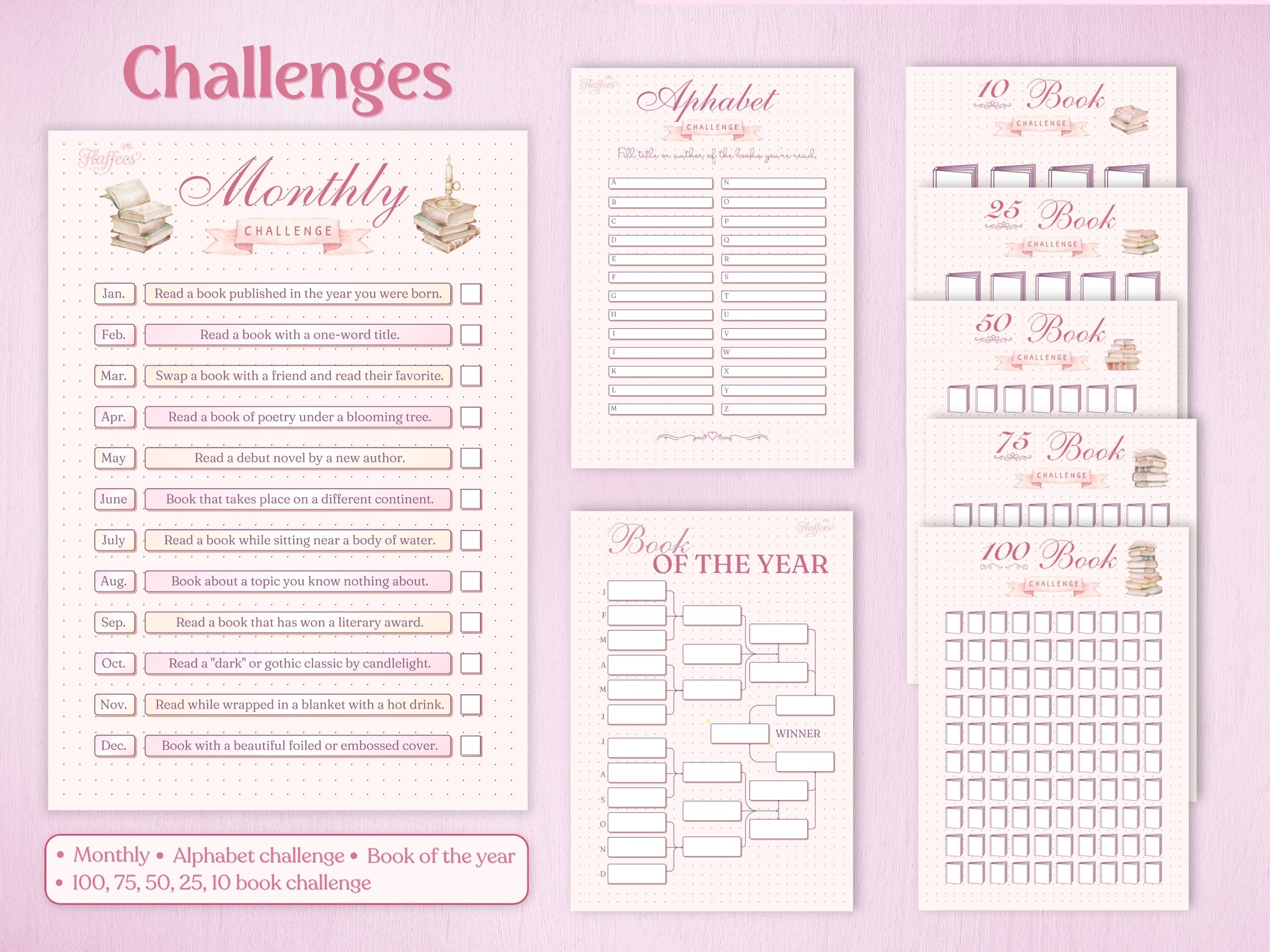 Reading challenges section including a Monthly Challenge with 12 prompts, an Alphabet challenge, a 'Book of the Year' tournament bracket, and specific goals for 10 to 100 books. Clean pink layout with stacks of books.
