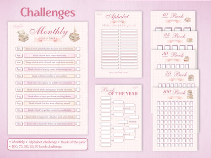 Reading challenges section including a Monthly Challenge with 12 prompts, an Alphabet challenge, a 'Book of the Year' tournament bracket, and specific goals for 10 to 100 books. Clean pink layout with stacks of books.