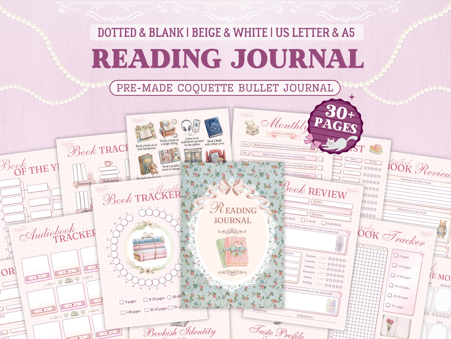 Reading Journal bundle cover featuring a vintage book illustration and a soft pink aesthetic. Includes various pages like book trackers, monthly challenges, book reviews, and reading lists. Available in A5 and US Letter sizes with a dotted version.