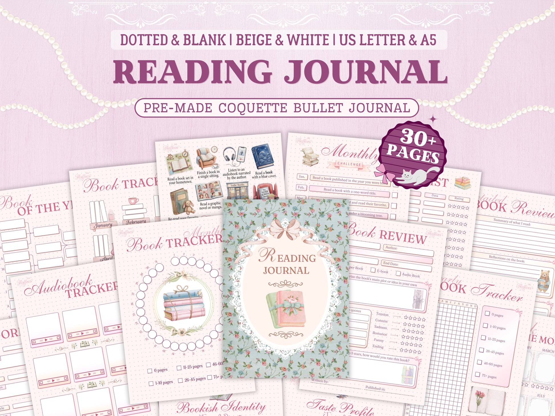 Reading Journal bundle cover featuring a vintage book illustration and a soft pink aesthetic. Includes various pages like book trackers, monthly challenges, book reviews, and reading lists. Available in A5 and US Letter sizes with a dotted version.