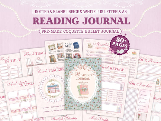 Reading Journal bundle cover featuring a vintage book illustration and a soft pink aesthetic. Includes various pages like book trackers, monthly challenges, book reviews, and reading lists. Available in A5 and US Letter sizes with a dotted version.