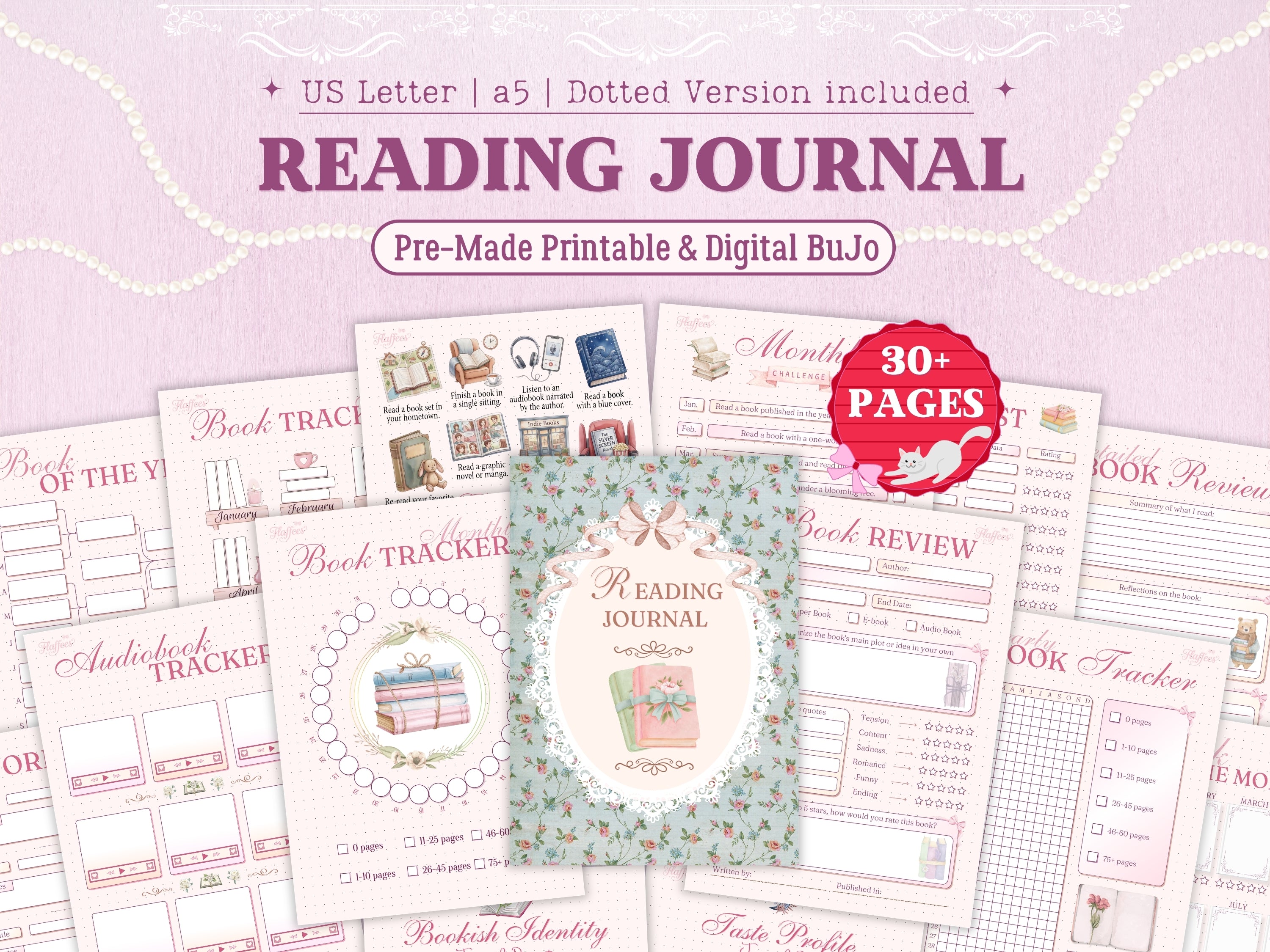 Reading Journal bundle cover featuring a vintage book illustration and a soft pink aesthetic. Includes various pages like book trackers, monthly challenges, book reviews, and reading lists. Available in A5 and US Letter sizes with a dotted version.