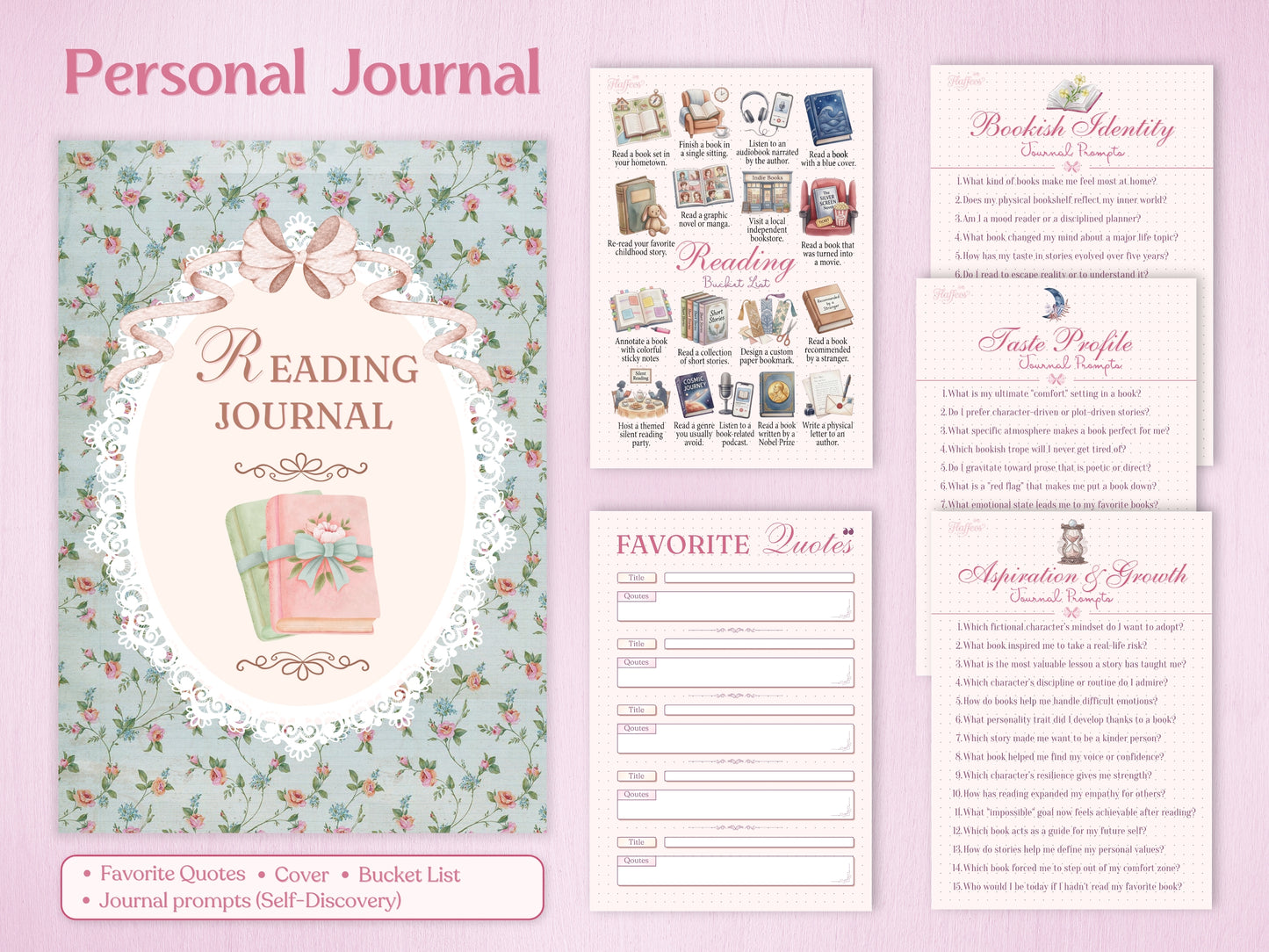 Personal journal pages including a Reading Bucket List with illustrated tasks, a Favorite Quotes page, and self-discovery journal prompts for bookish identity, taste profile, and growth. Features a vintage floral cover design.