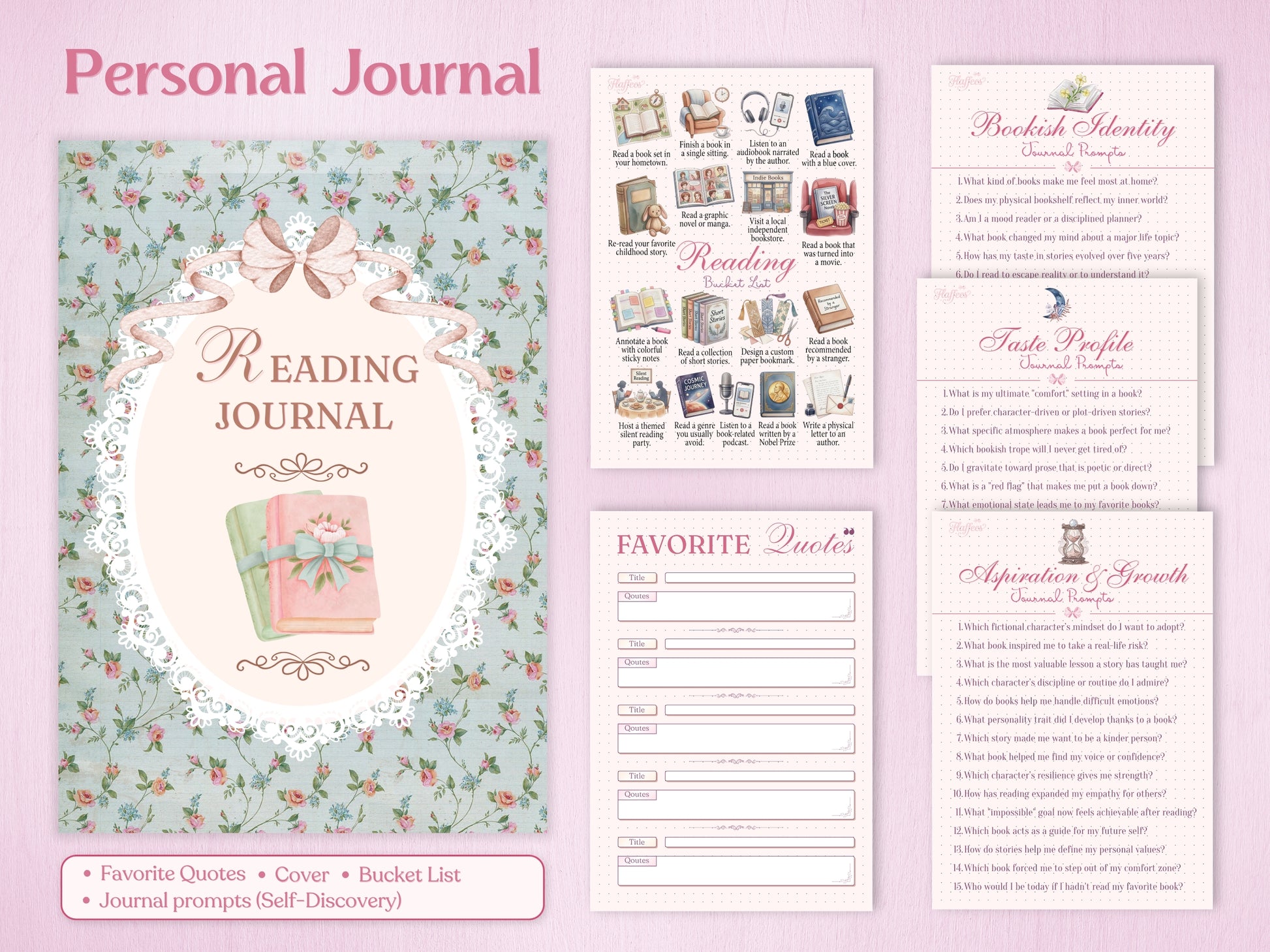 Personal journal pages including a Reading Bucket List with illustrated tasks, a Favorite Quotes page, and self-discovery journal prompts for bookish identity, taste profile, and growth. Features a vintage floral cover design.