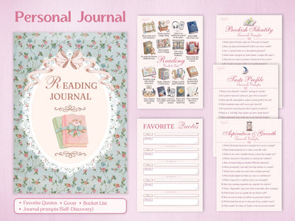 Personal journal pages including a Reading Bucket List with illustrated tasks, a Favorite Quotes page, and self-discovery journal prompts for bookish identity, taste profile, and growth. Features a vintage floral cover design.
