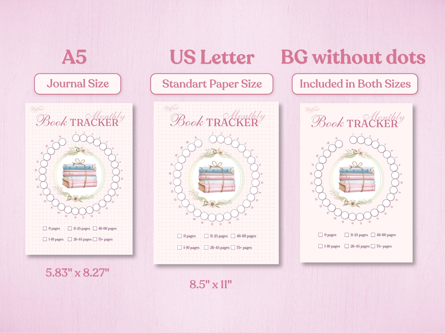 Specification page for the reading tracker showing A5 and US Letter sizes. Also highlights that a version without the dotted background is included for both sizes. Soft pink aesthetic.