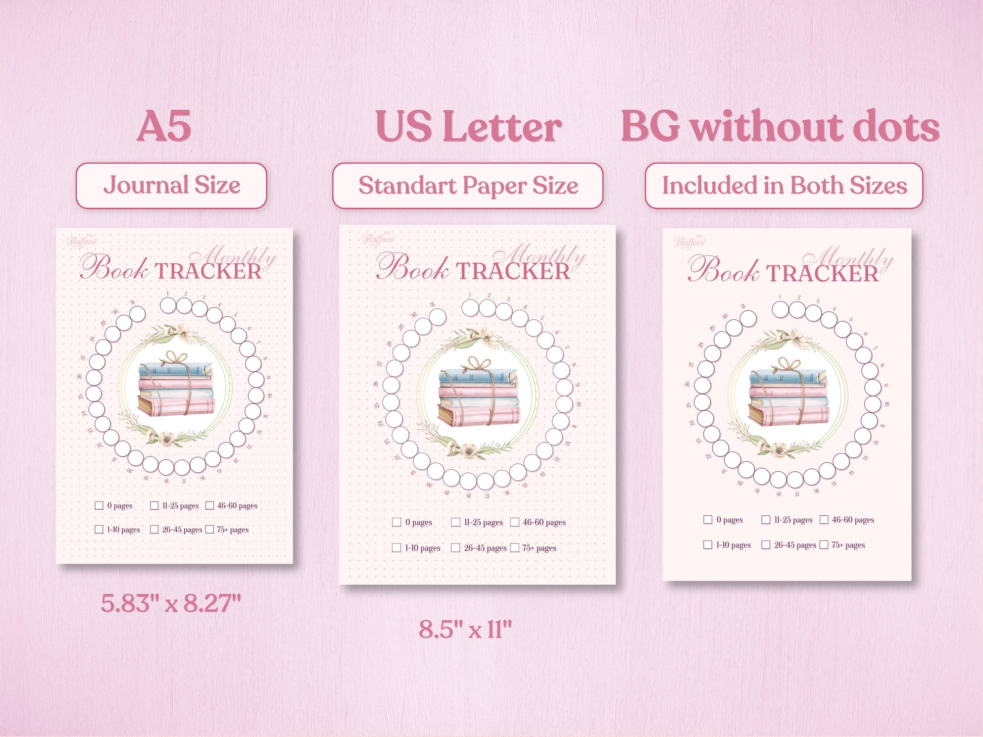 Specification page for the reading tracker showing A5 and US Letter sizes. Also highlights that a version without the dotted background is included for both sizes. Soft pink aesthetic.