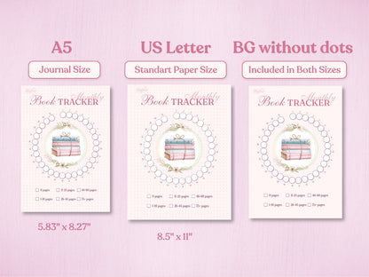 Specification page for the reading tracker showing A5 and US Letter sizes. Also highlights that a version without the dotted background is included for both sizes. Soft pink aesthetic.