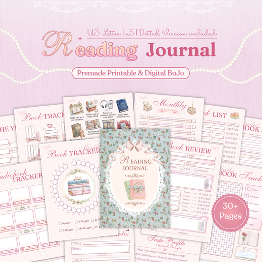 Reading Journal bundle cover featuring a vintage book illustration and a soft pink aesthetic. Includes various pages like book trackers, monthly challenges, book reviews, and reading lists. Available in A5 and US Letter sizes with a dotted version.