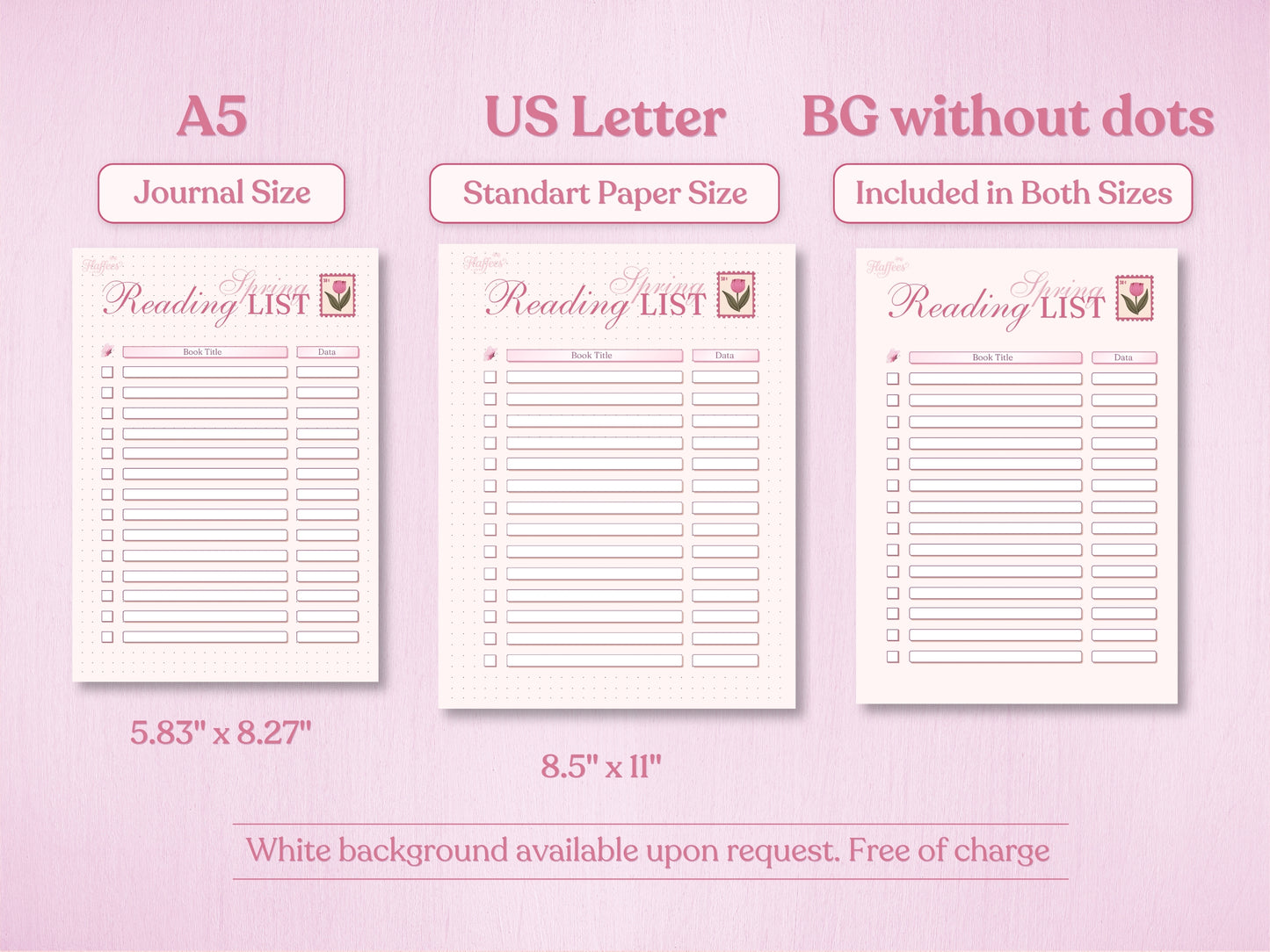 Technical presentation of the Spring reading list in A5 and US Letter sizes. The image demonstrates the 'BG without dots' option alongside the classic bullet journal dotted grid. Aesthetic pink design with columns for book titles and completion dates.