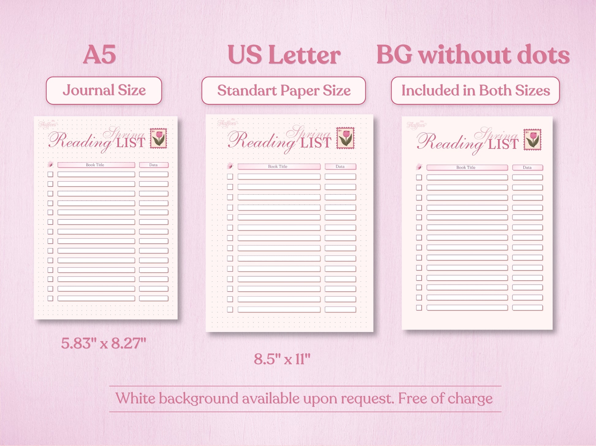 Technical presentation of the Spring reading list in A5 and US Letter sizes. The image demonstrates the 'BG without dots' option alongside the classic bullet journal dotted grid. Aesthetic pink design with columns for book titles and completion dates.