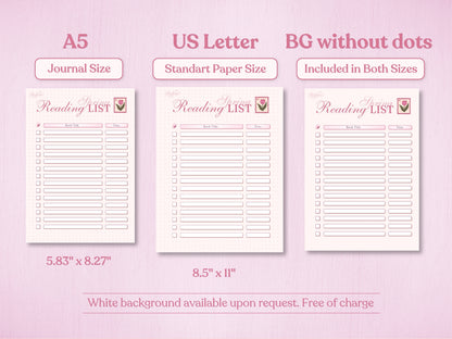 Technical presentation of the Spring reading list in A5 and US Letter sizes. The image demonstrates the 'BG without dots' option alongside the classic bullet journal dotted grid. Aesthetic pink design with columns for book titles and completion dates.