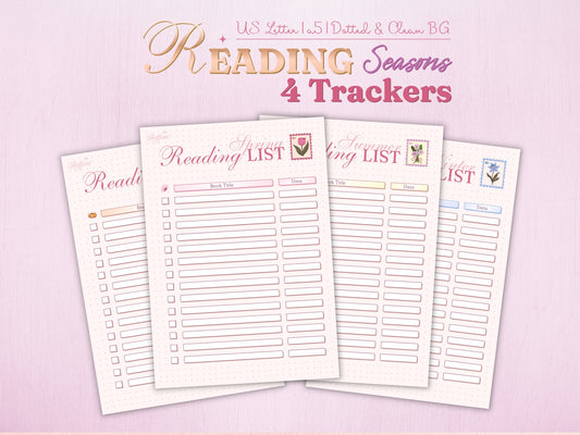 A bundle of four seasonal reading list trackers for Spring, Summer, Fall, and Winter. Each page features unique seasonal icons like butterflies, flowers, pumpkins, and snowflakes, along with decorative postage stamps. Professional bullet journal layout with dotted background for year-round book tracking.
