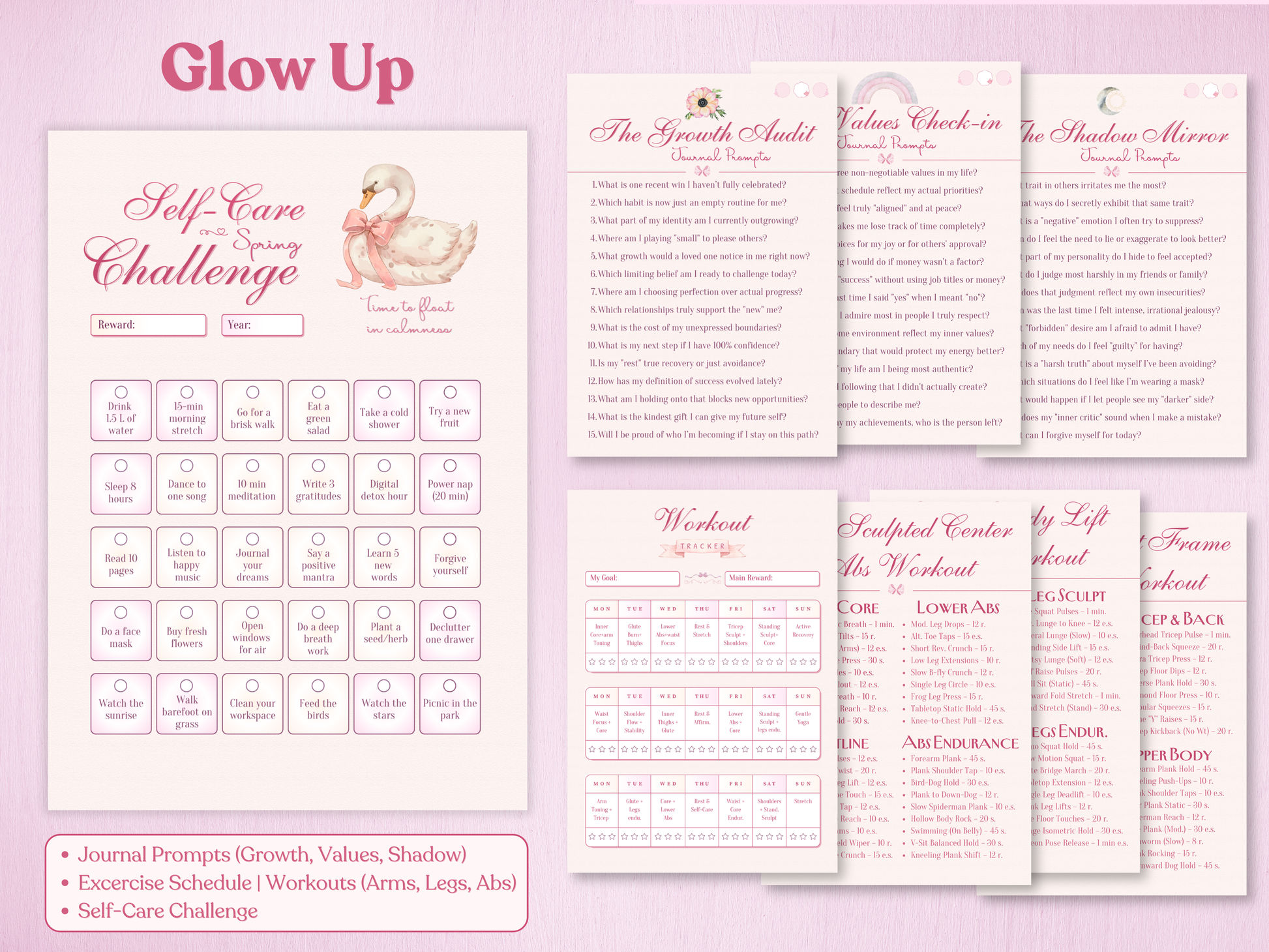 Glow Up section: 30-day self-care spring challenge with a swan illustration, workout tracker for arms, legs, and abs, and deep journal prompts for growth and values check-in.