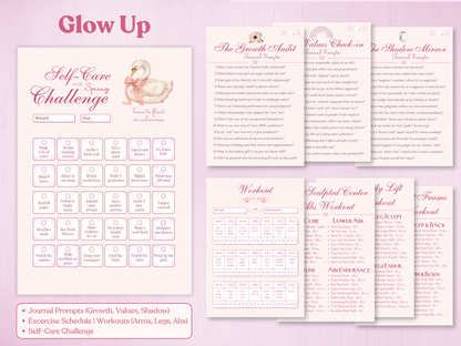 Glow Up section: 30-day self-care spring challenge with a swan illustration, workout tracker for arms, legs, and abs, and deep journal prompts for growth and values check-in.