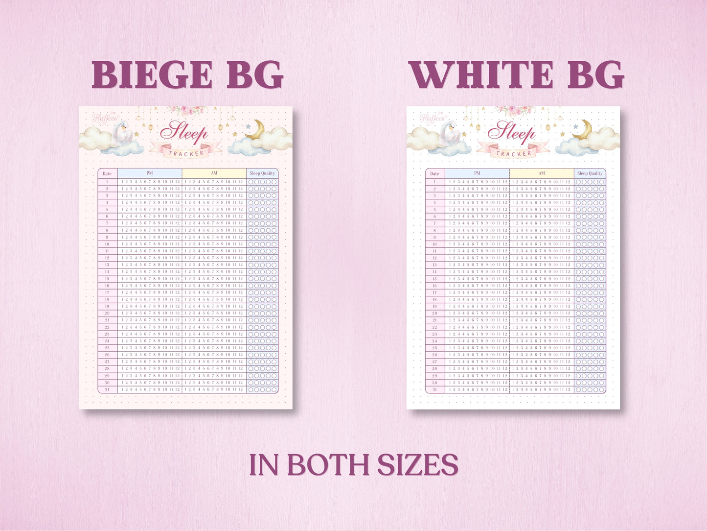 Product specification layout showing two background color options for a sleep tracker page in a bullet journal: Beige Background (Beige BG) and White Background (White BG). Features a cute swan, crescent moon, and clouds illustration at the top, available in both A5 and US Letter sizes.
