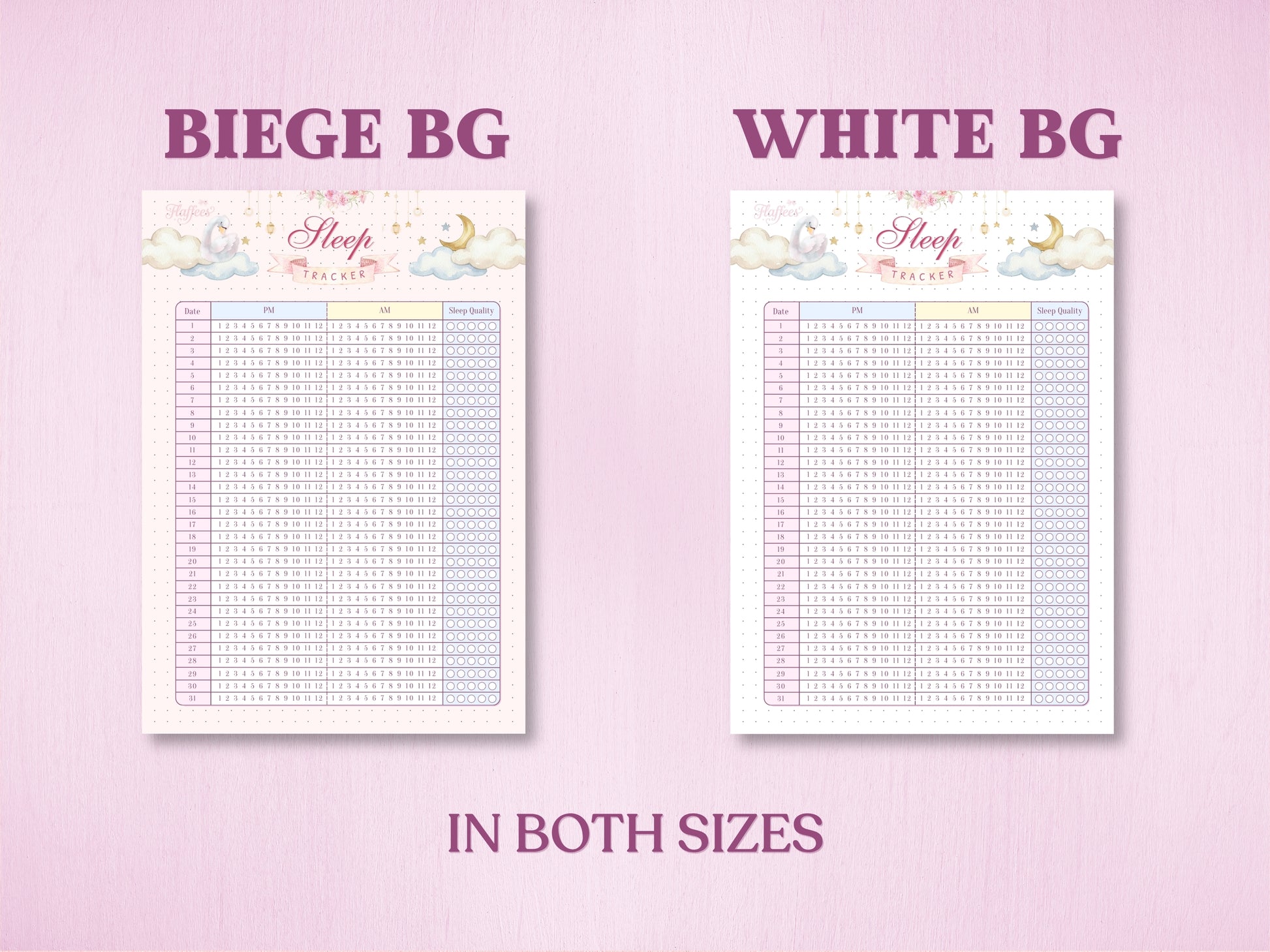 Product specification layout showing two background color options for a sleep tracker page in a bullet journal: Beige Background (Beige BG) and White Background (White BG). Features a cute swan, crescent moon, and clouds illustration at the top, available in both A5 and US Letter sizes.