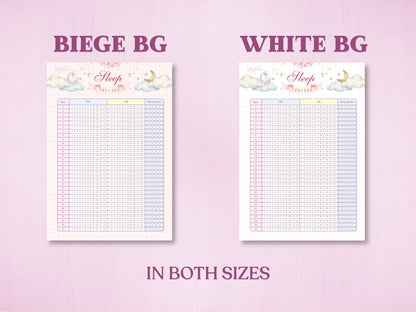 Product specification layout showing two background color options for a sleep tracker page in a bullet journal: Beige Background (Beige BG) and White Background (White BG). Features a cute swan, crescent moon, and clouds illustration at the top, available in both A5 and US Letter sizes.