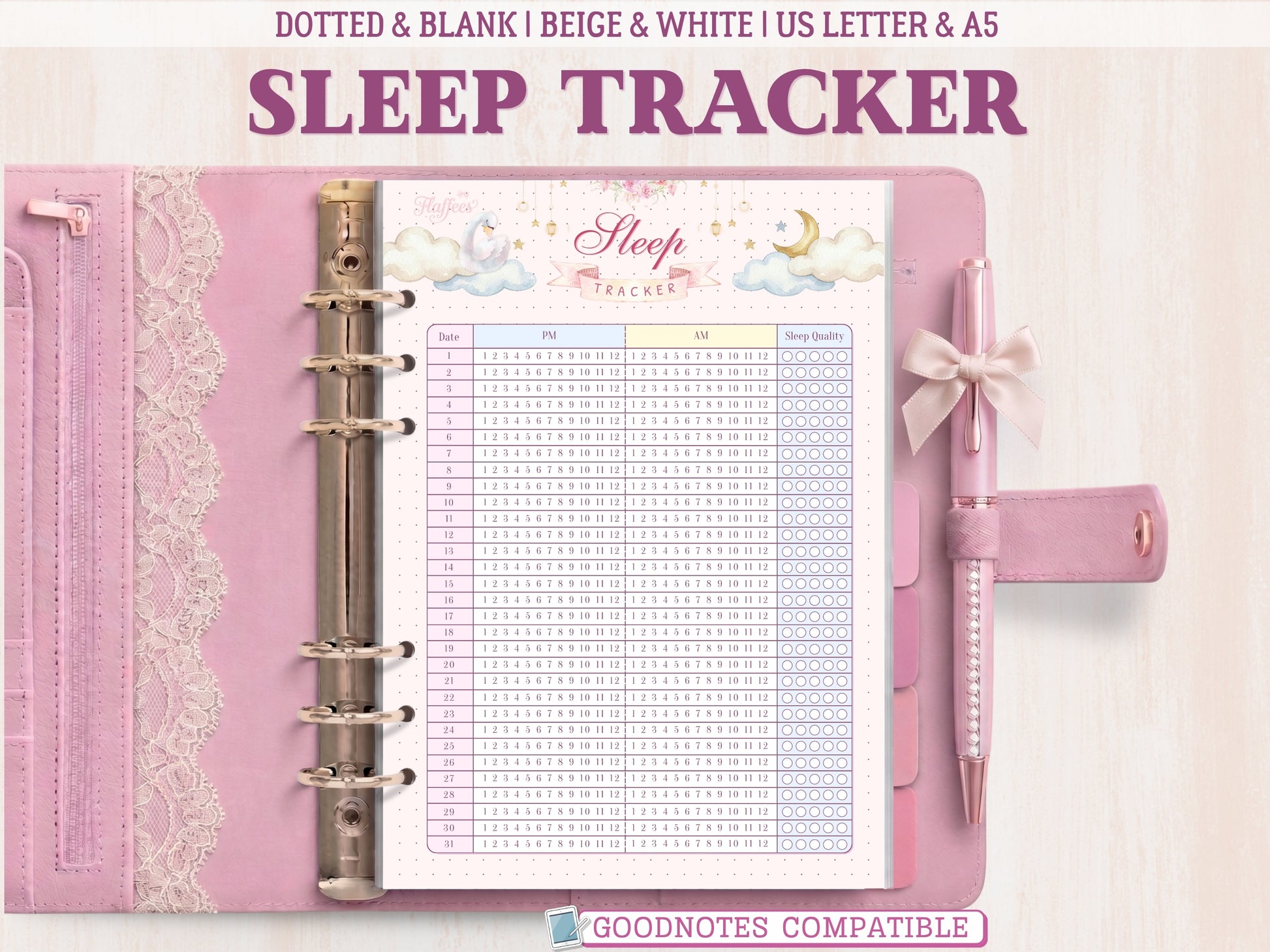 A bullet journal sleep tracker page for monitoring daily quality and hours slept, featuring a cute illustration of a sleepy swan, a smiling crescent moon, and clouds. Includes a quality scale with icons, an hours slept column, and a key on a light pink, dotted-background layout.