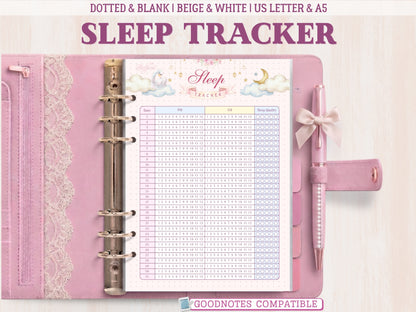 A bullet journal sleep tracker page for monitoring daily quality and hours slept, featuring a cute illustration of a sleepy swan, a smiling crescent moon, and clouds. Includes a quality scale with icons, an hours slept column, and a key on a light pink, dotted-background layout.