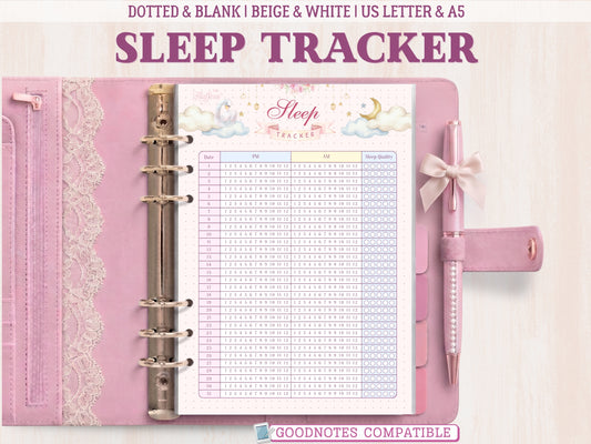 A bullet journal sleep tracker page for monitoring daily quality and hours slept, featuring a cute illustration of a sleepy swan, a smiling crescent moon, and clouds. Includes a quality scale with icons, an hours slept column, and a key on a light pink, dotted-background layout.