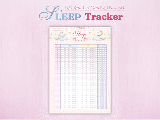 Sleep tracker page with a dreamy night theme featuring a swan on a cloud, crescent moon, and stars. Organized layout for tracking sleep hours (PM/AM) and sleep quality for 31 days. Aesthetic pastel pink and blue design with a dotted background.
