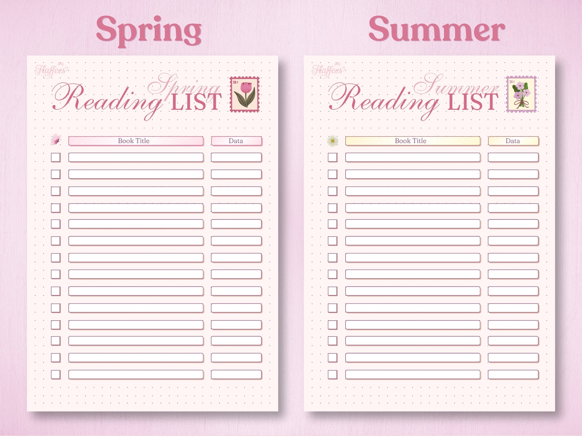 Comparison of the Spring and Summer reading trackers. The Spring page includes a pink butterfly and tulip stamp, and the Summer page features a yellow daisy and violet bouquet stamp. Pastel-themed printable pages for tracking seasonal reading goals.