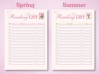 Comparison of the Spring and Summer reading trackers. The Spring page includes a pink butterfly and tulip stamp, and the Summer page features a yellow daisy and violet bouquet stamp. Pastel-themed printable pages for tracking seasonal reading goals.