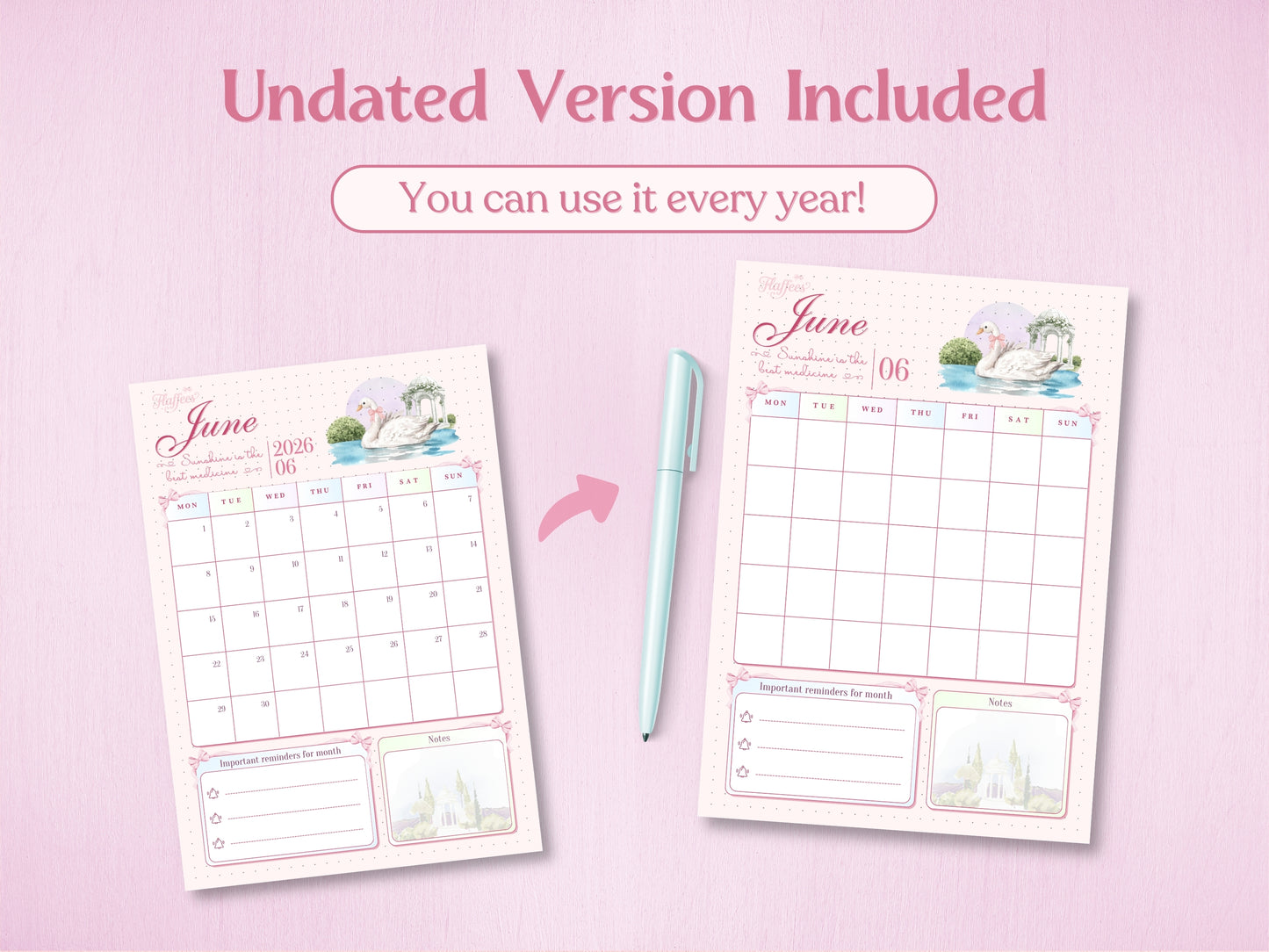Preview of the undated version of the June calendar tracker, showing how it can be used every year. Includes a side-by-side comparison of the dated 2026 version and the blank undated version, accompanied by a light blue stylus.
