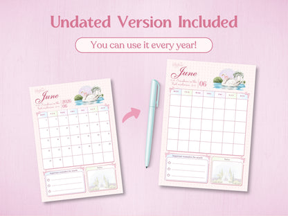 Preview of the undated version of the June calendar tracker, showing how it can be used every year. Includes a side-by-side comparison of the dated 2026 version and the blank undated version, accompanied by a light blue stylus.