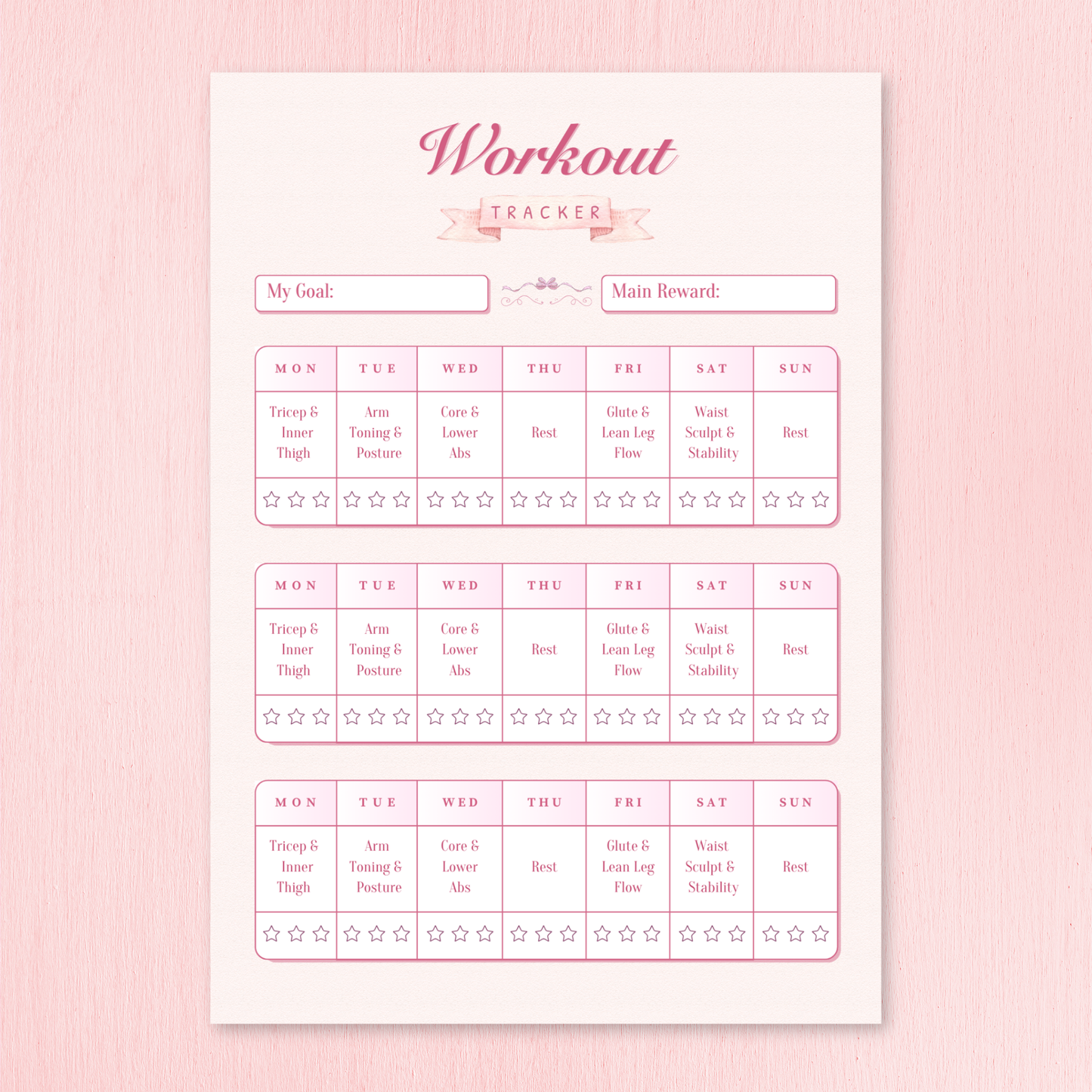 Pink workout tracker on a pink background