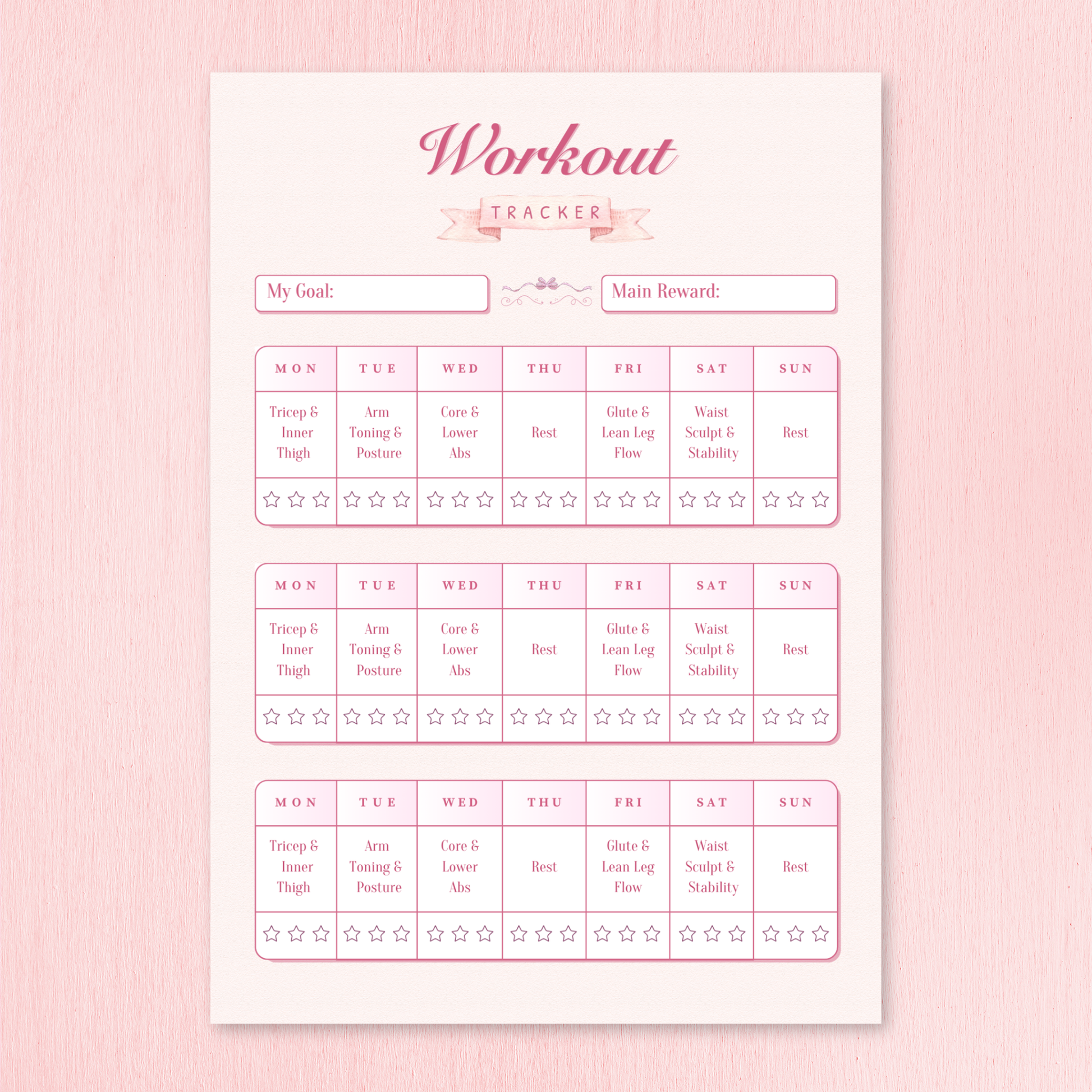 Pink workout tracker on a pink background