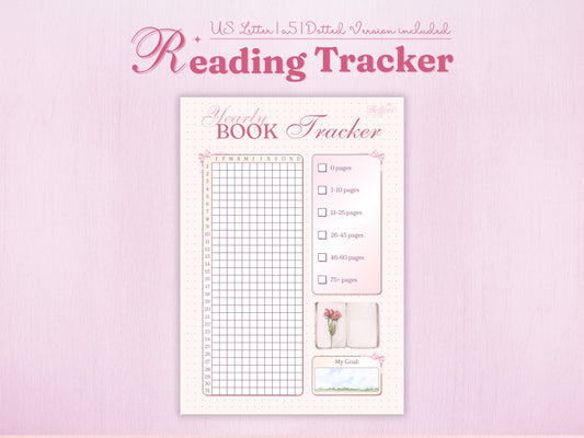 Yearly Book Tracker cover page featuring a large grid for tracking reading progress throughout the year. Aesthetic pink design with page count milestones, a 'My Goal' section, and delicate flower illustrations. Includes A5, US Letter, and dotted versions.