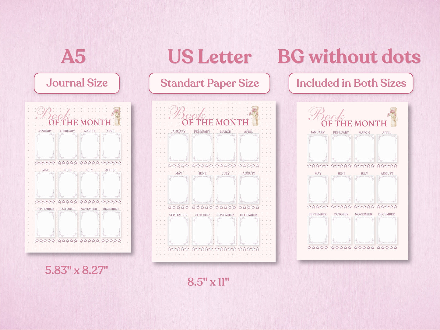Technical preview of the yearly reading log available in A5 and US Letter sizes. Displays the versatility of the design with options for a traditional bullet journal dotted grid and a clean white background. Perfect for organizing a year of reading in a consistent aesthetic style.