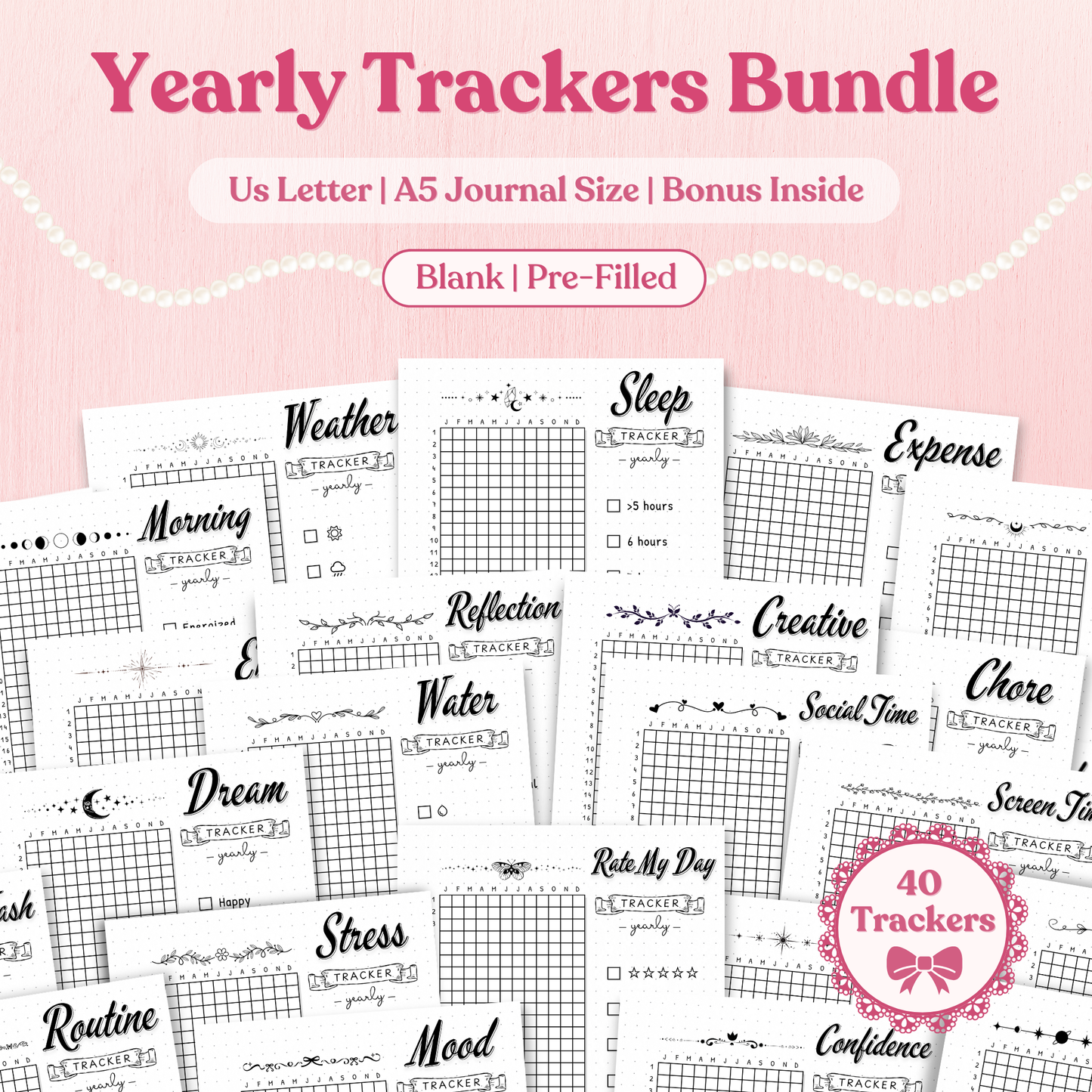 Yearly trackers bundle with various tracking sheets on a pink background