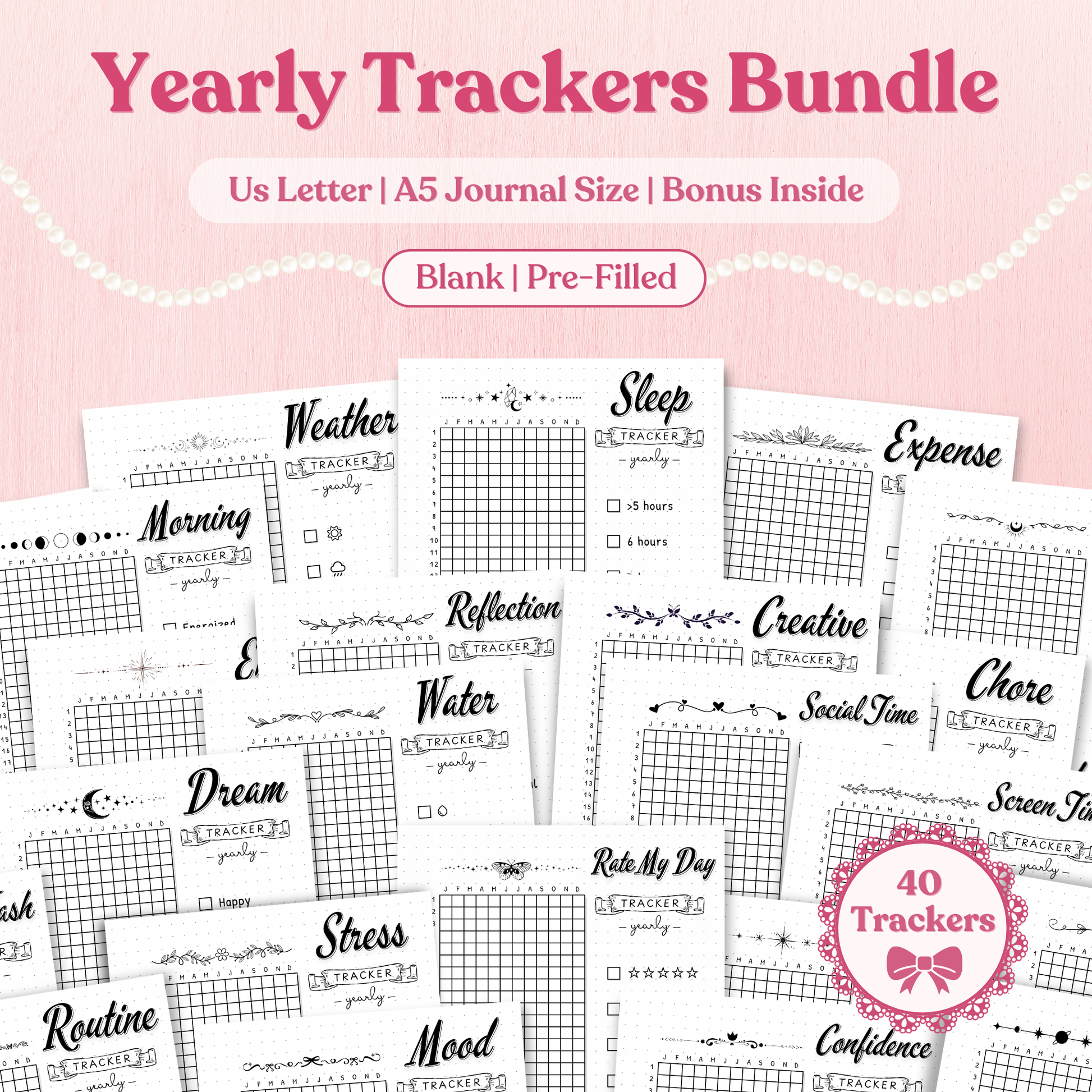 Yearly trackers bundle with various tracking sheets on a pink background