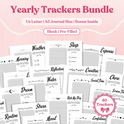 Yearly trackers bundle with various tracking sheets on a pink background