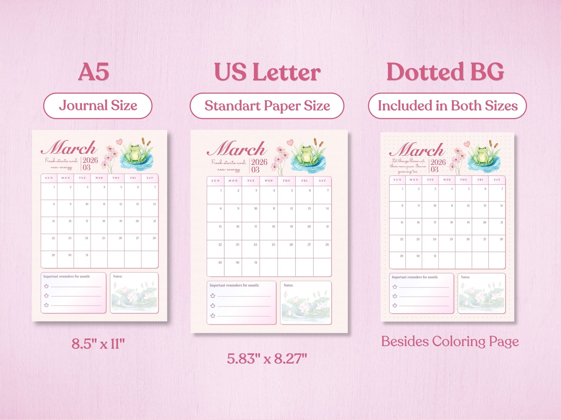 A5 and US letter printable March calendar pages with a cute frog, showing dotted backgrounds for bullet journals.