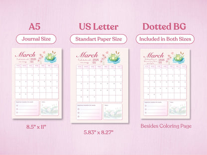 A5 and US letter printable March calendar pages with a cute frog, showing dotted backgrounds for bullet journals.