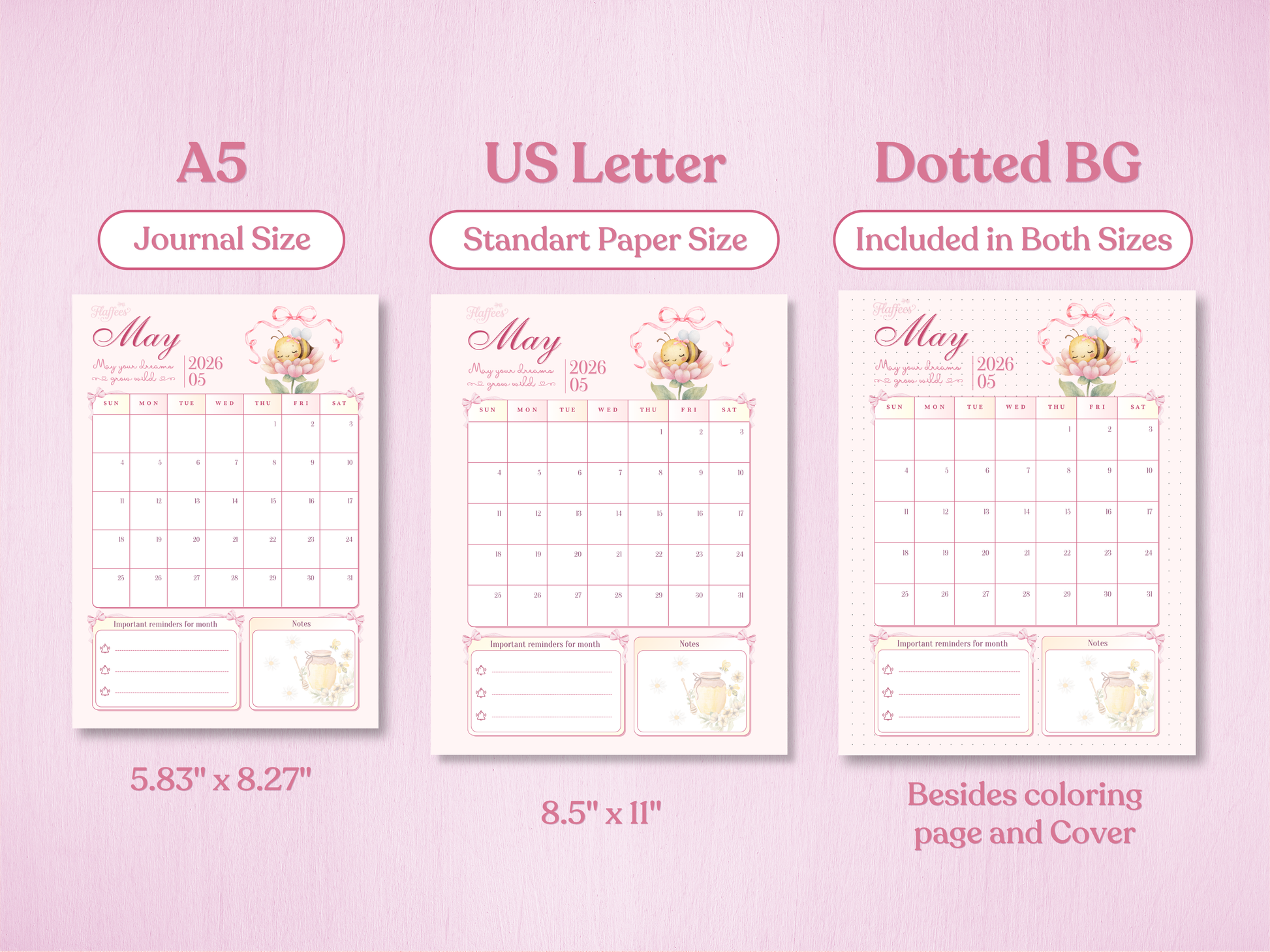 Comparison of A5 and US Letter paper sizes for the May planner, showing the dotted background version included in both sizes.
