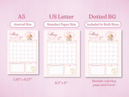 Comparison of A5 and US Letter paper sizes for the May planner, showing the dotted background version included in both sizes.